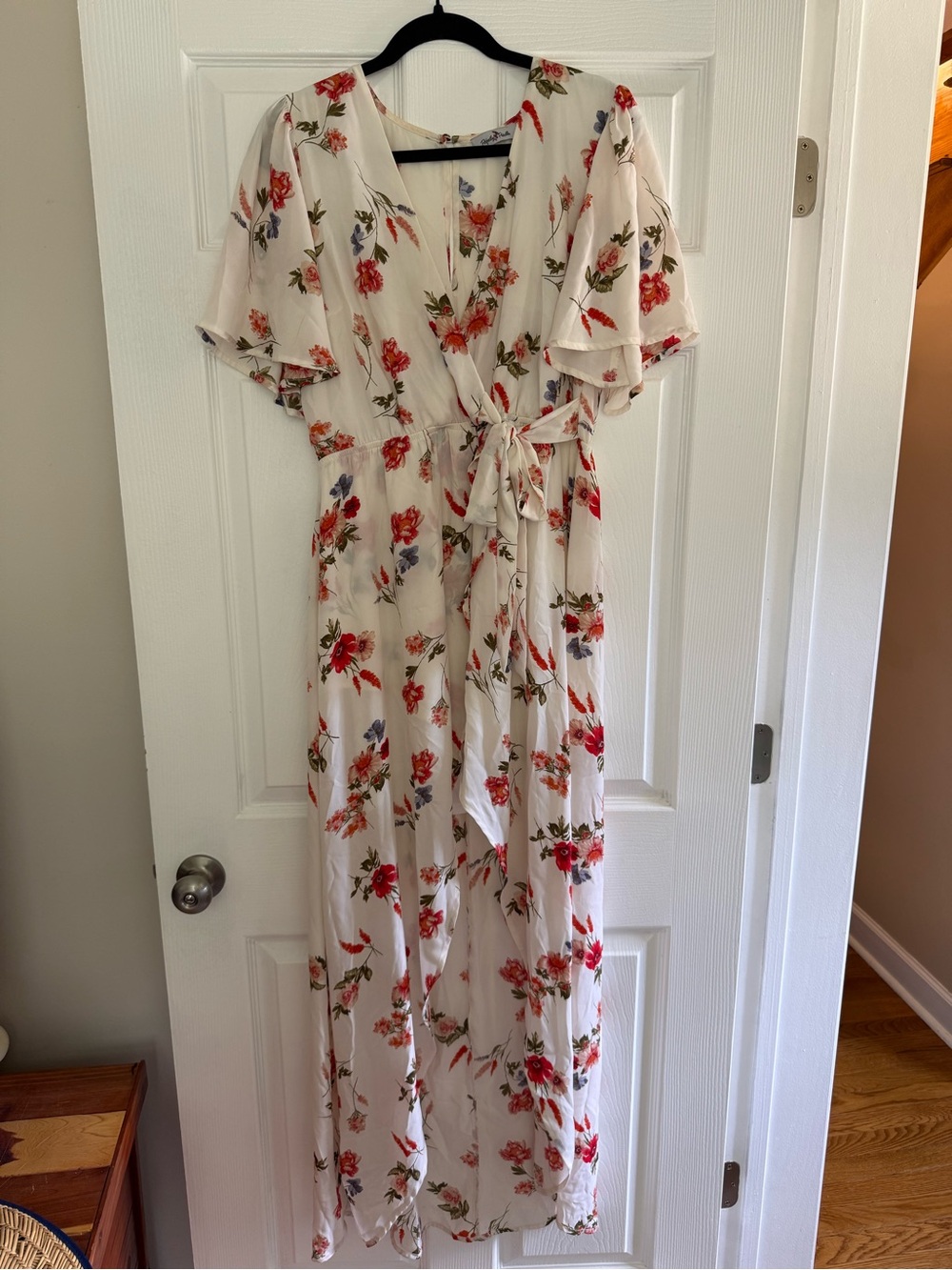 Floral High-Low Wrap Dress in Cream with Red & Green Floral Print